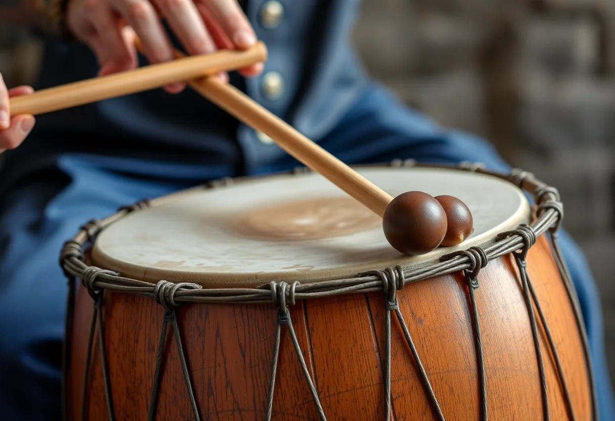 A close-up shot of a traditional Turkish drum, davul, being played with mallets, capturing the motion.