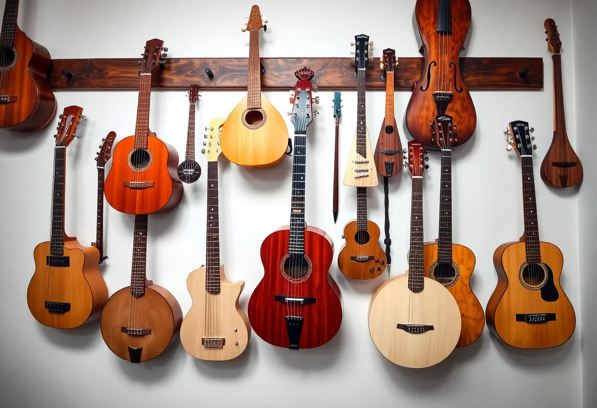 A collection of various traditional and modern musical instruments hanging on a wall, representing a bridge between past and future.
