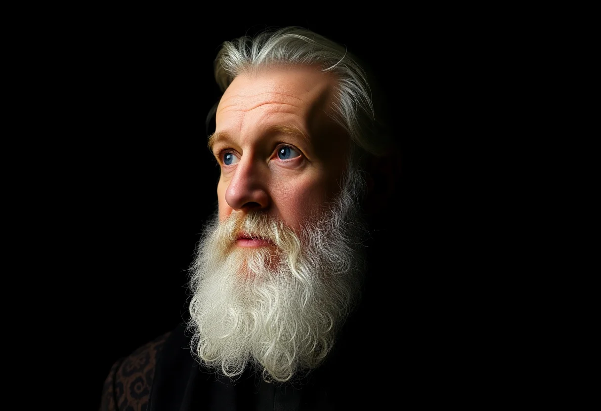A dramatic portrait of a storyteller with a white beard, looking thoughtfully into the distance, set against a dark background.