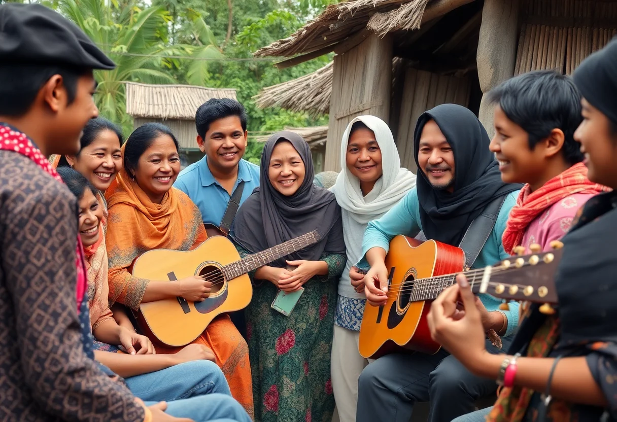 A group of local villagers gathered around, smiling and listening to a music playback session.