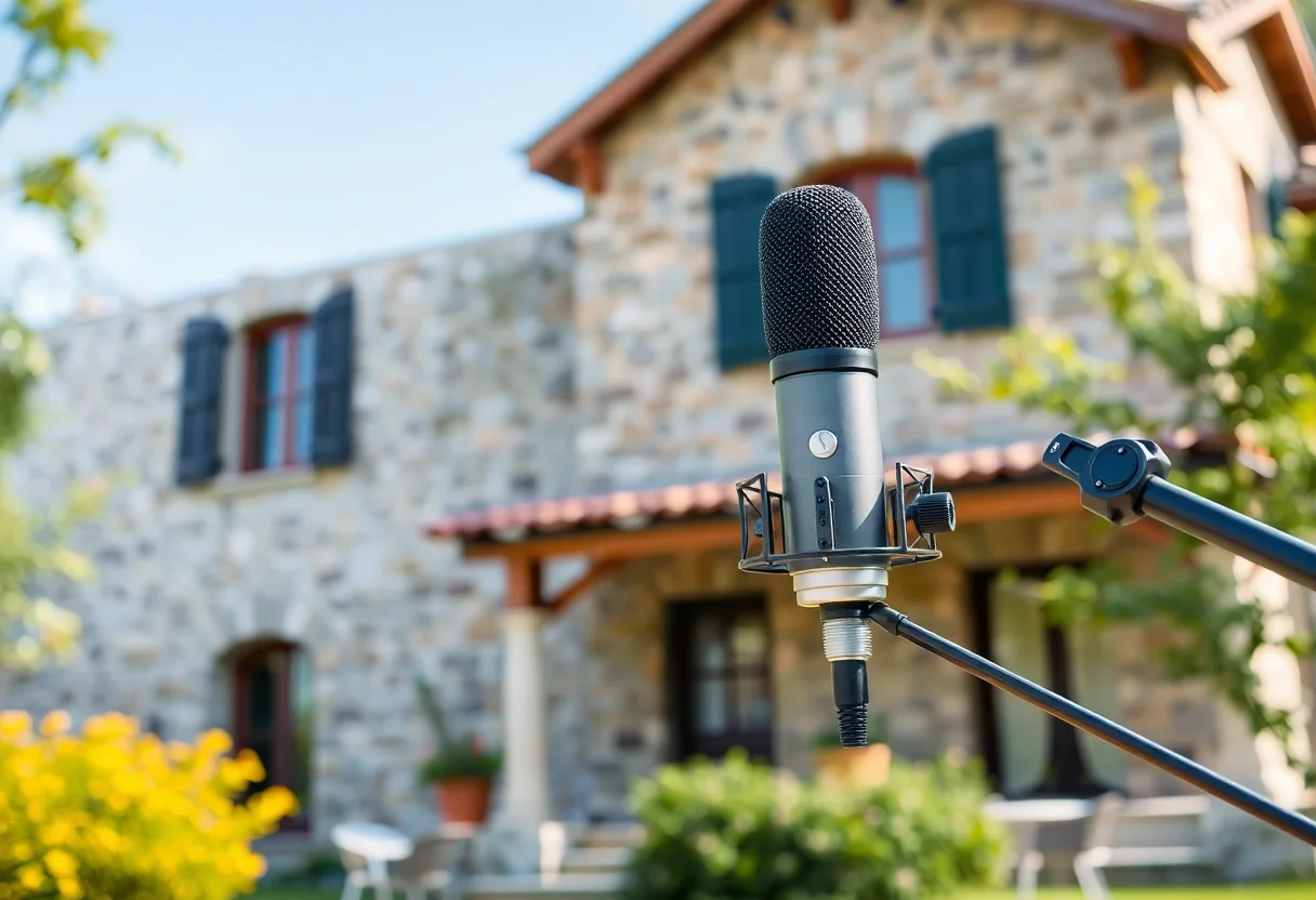 A high-quality studio microphone set up outdoors, with a backdrop of a rustic stone house.
