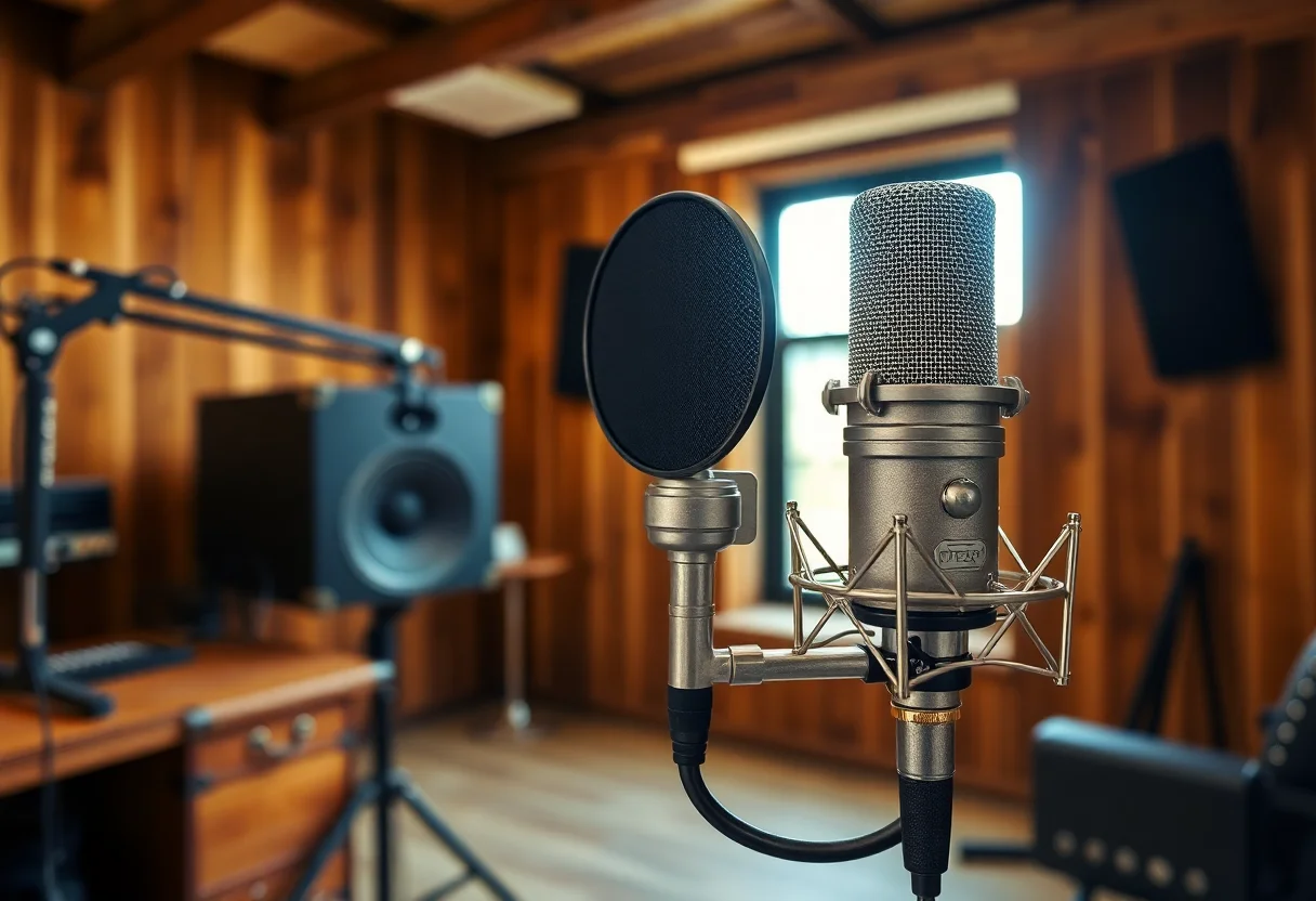 A vintage condenser microphone in a warm, rustic recording studio setting