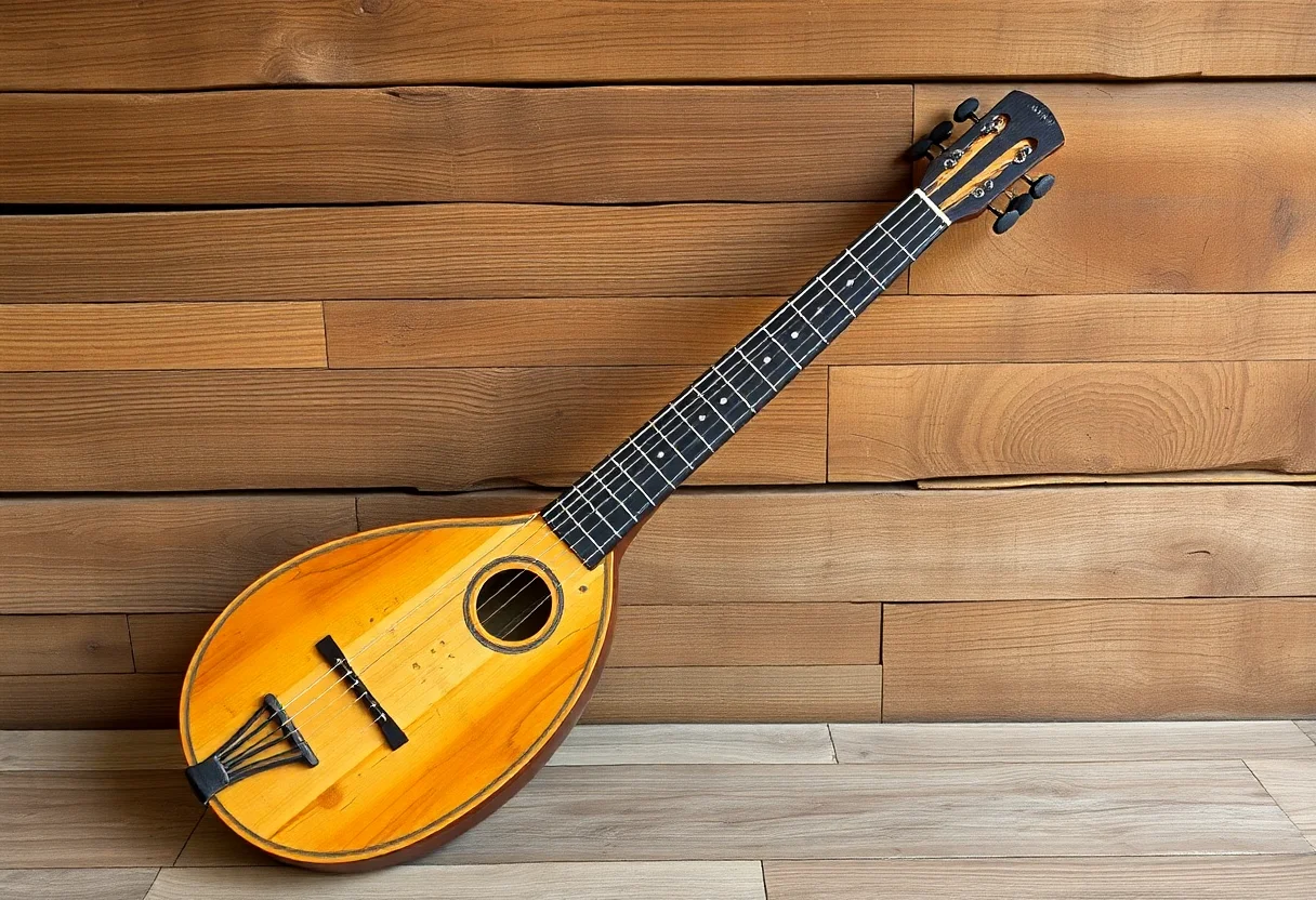 A vintage saz, a traditional Turkish musical instrument, resting against a rustic wooden wall, evoking a sense of history and culture.