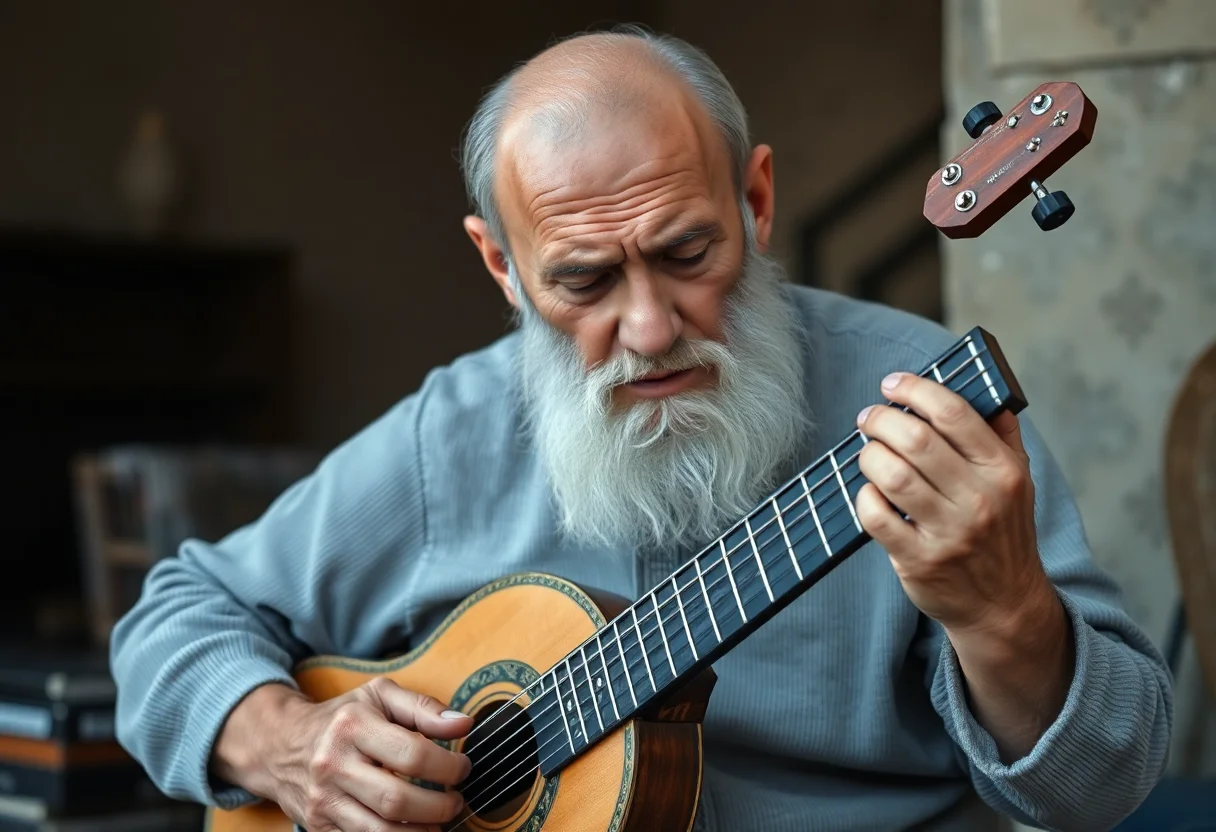An elderly musician playing a traditional Turkish stringed instrument, the saz, with intense focus.