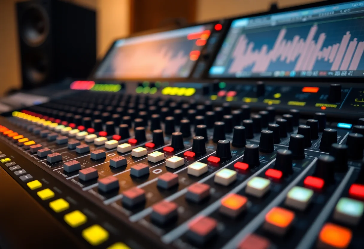 Close-up of a high-end audio mixing console with glowing faders and knobs, showcasing professional recording equipment.