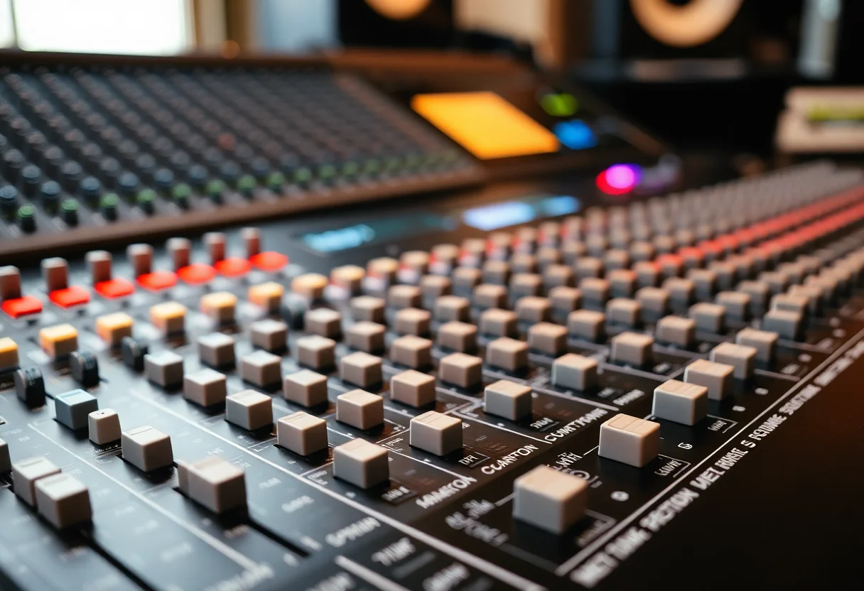 Close-up of a professional audio mixing console with sliders and knobs