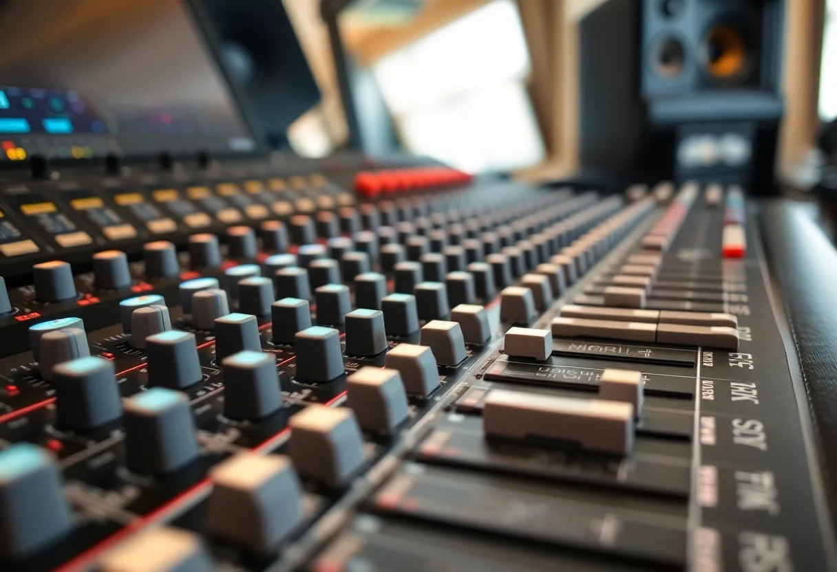 Close-up of a professional audio mixing console with sliders and knobs
