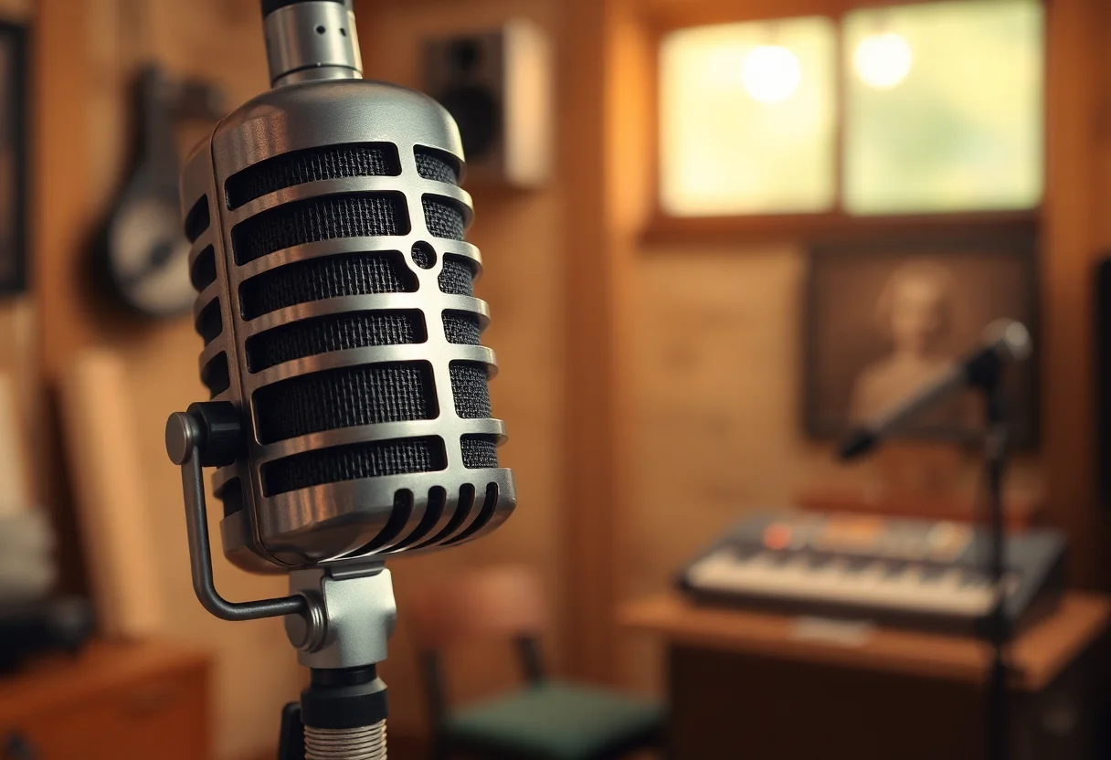 Close-up of a vintage condenser microphone in a warm, rustic studio setting.