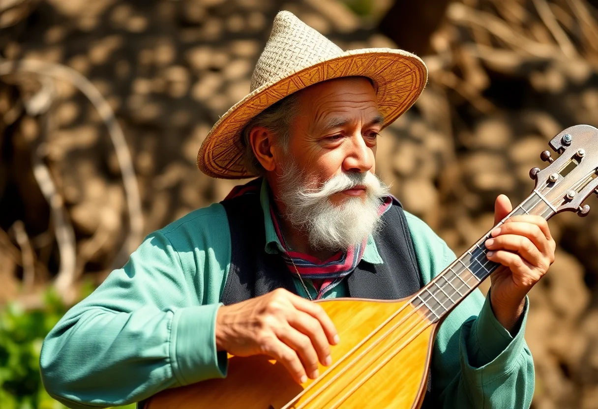 Elderly man with a traditional hat playing a stringed instrument in a natural, sunlit environment, representing authentic folk music.