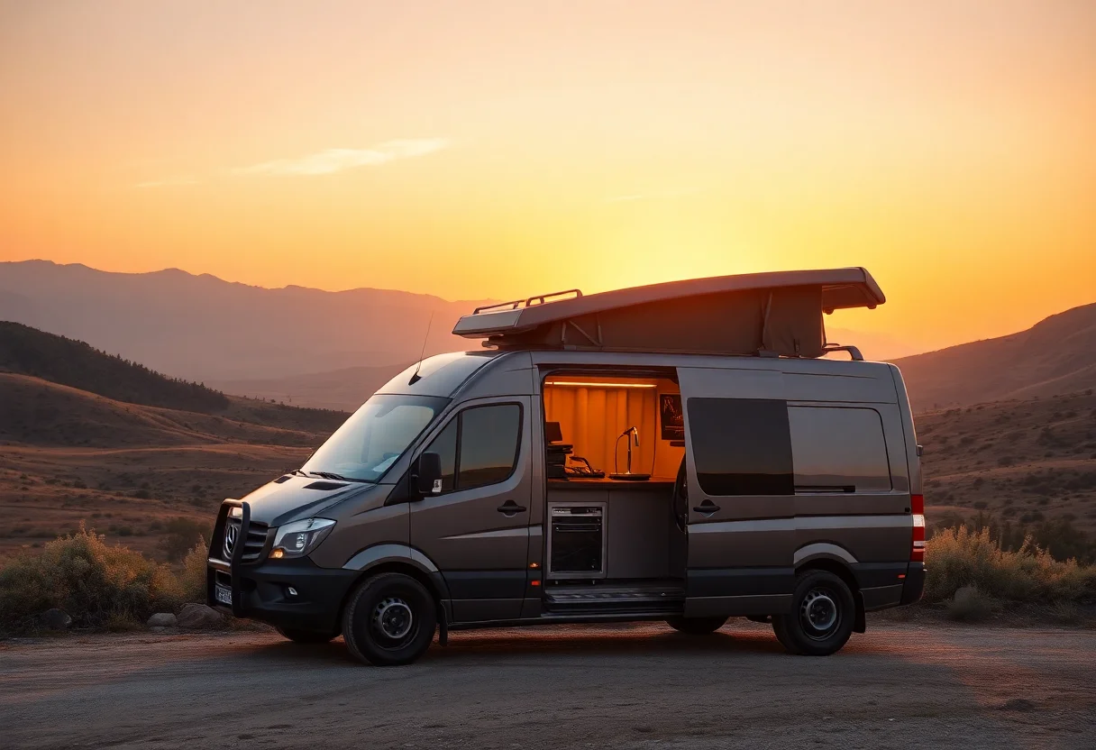 Mobile recording studio van parked in a beautiful, remote Anatolian valley at sunset.